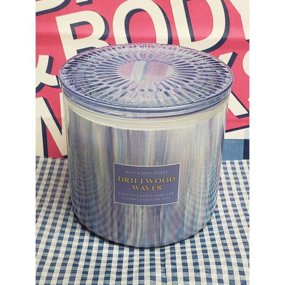 BBW Driftwood Waves Glass Decorative Lid Large 3 Wick 14.5oz Candle